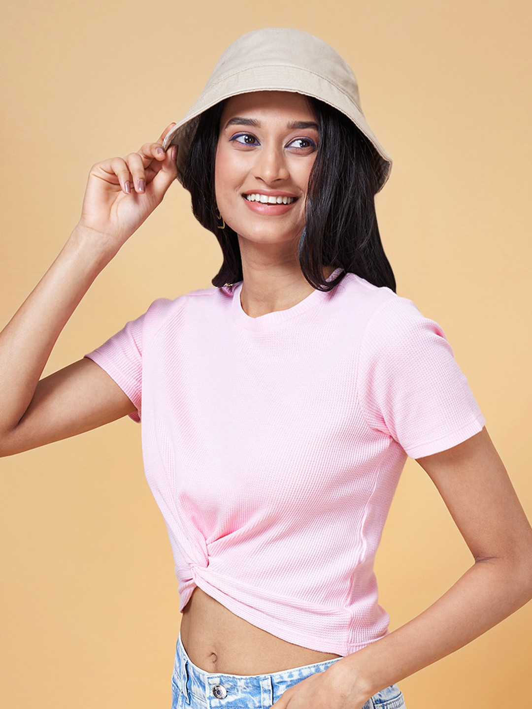 People Pink Ribbed Twisted Knitted Cotton Crop Top
