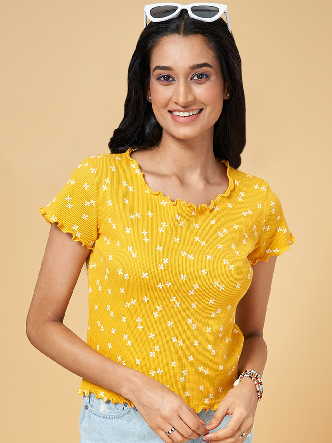 People Orange Floral Printed Round Neck Top