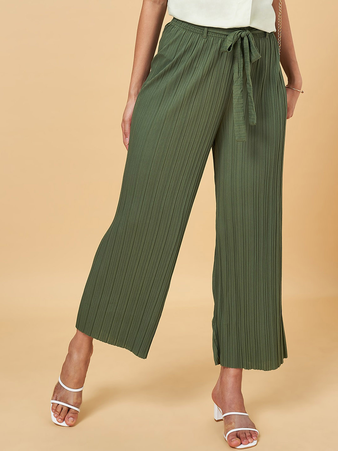 Honey by Pantaloons Women Striped High-Rise Parallel Trousers With Waist Tie-ups