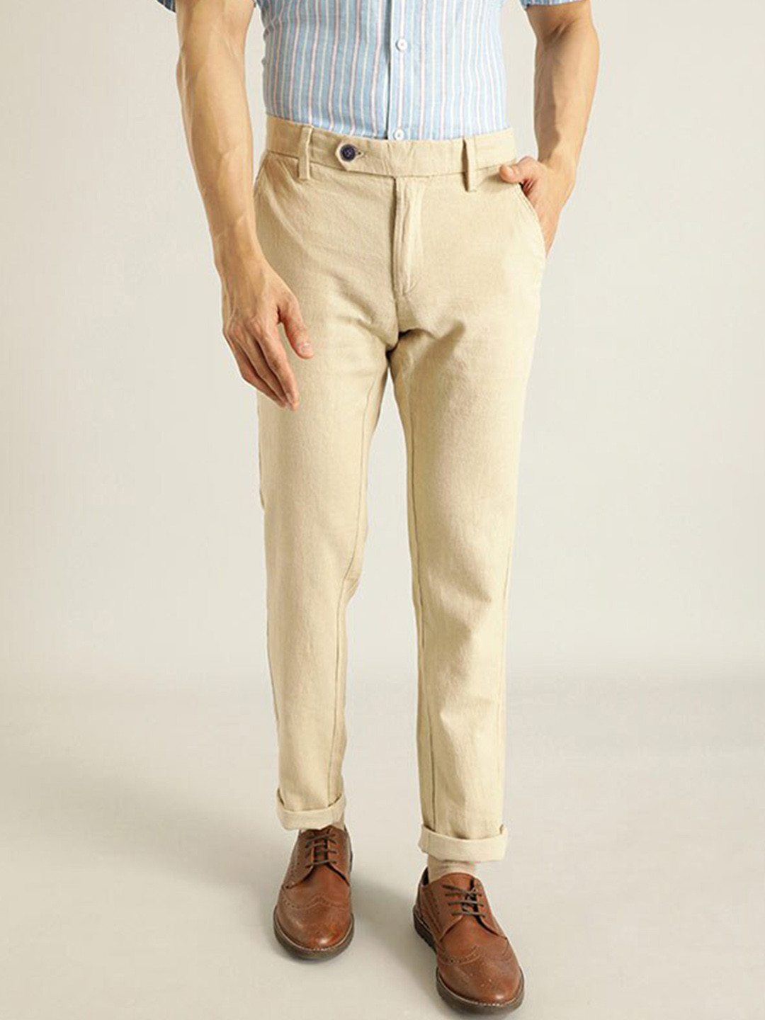 Indian Terrain Men Brooklyn Slim Fit Linen Cotton Chino Trousers