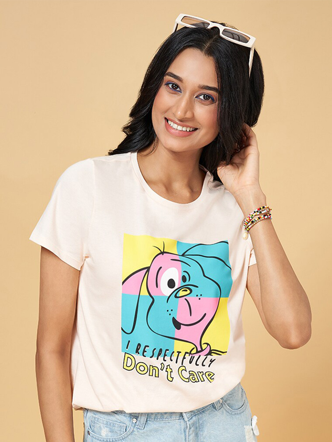 People Women Cream Graphic Printed Cotton T-shirt