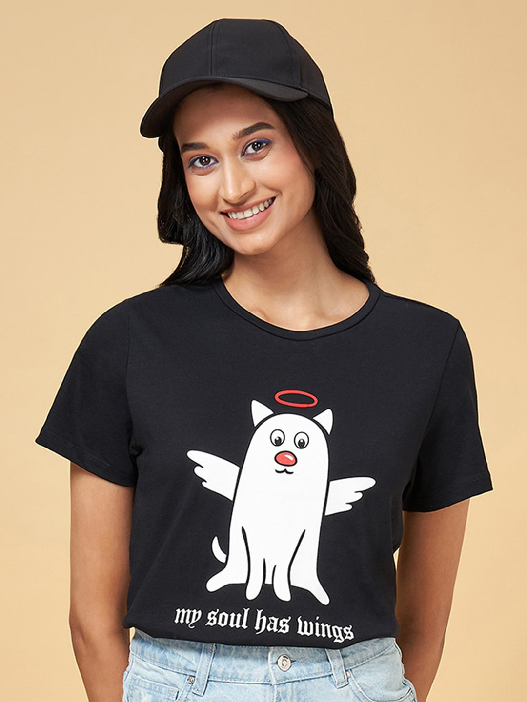 People Black & White Graphic Printed Cotton T-shirt