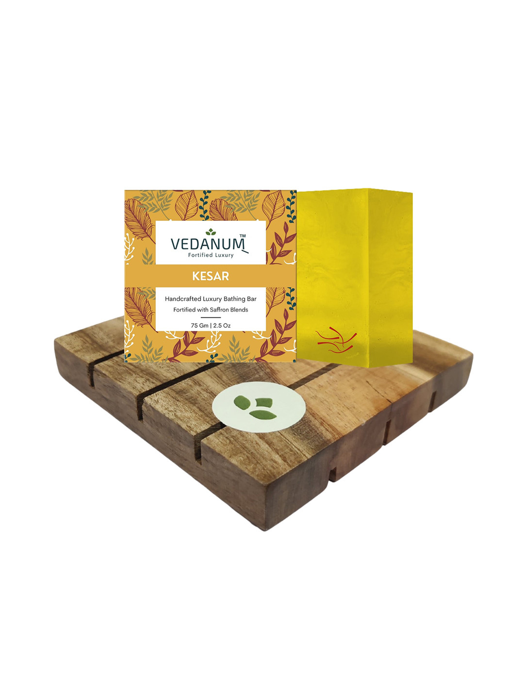 VEDANUM Handmade Organic Kesar Soap with Natural Neem Wood Soap Stand