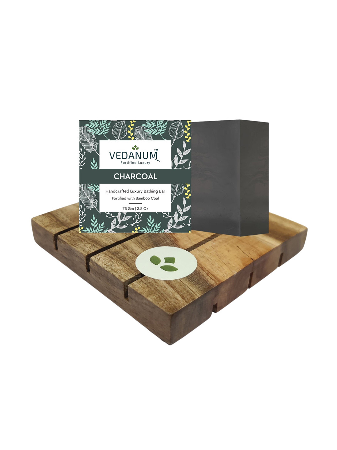 VEDANUM Organic Charcoal Soap with Handcrafted Natural Neem Wood Soap Stand