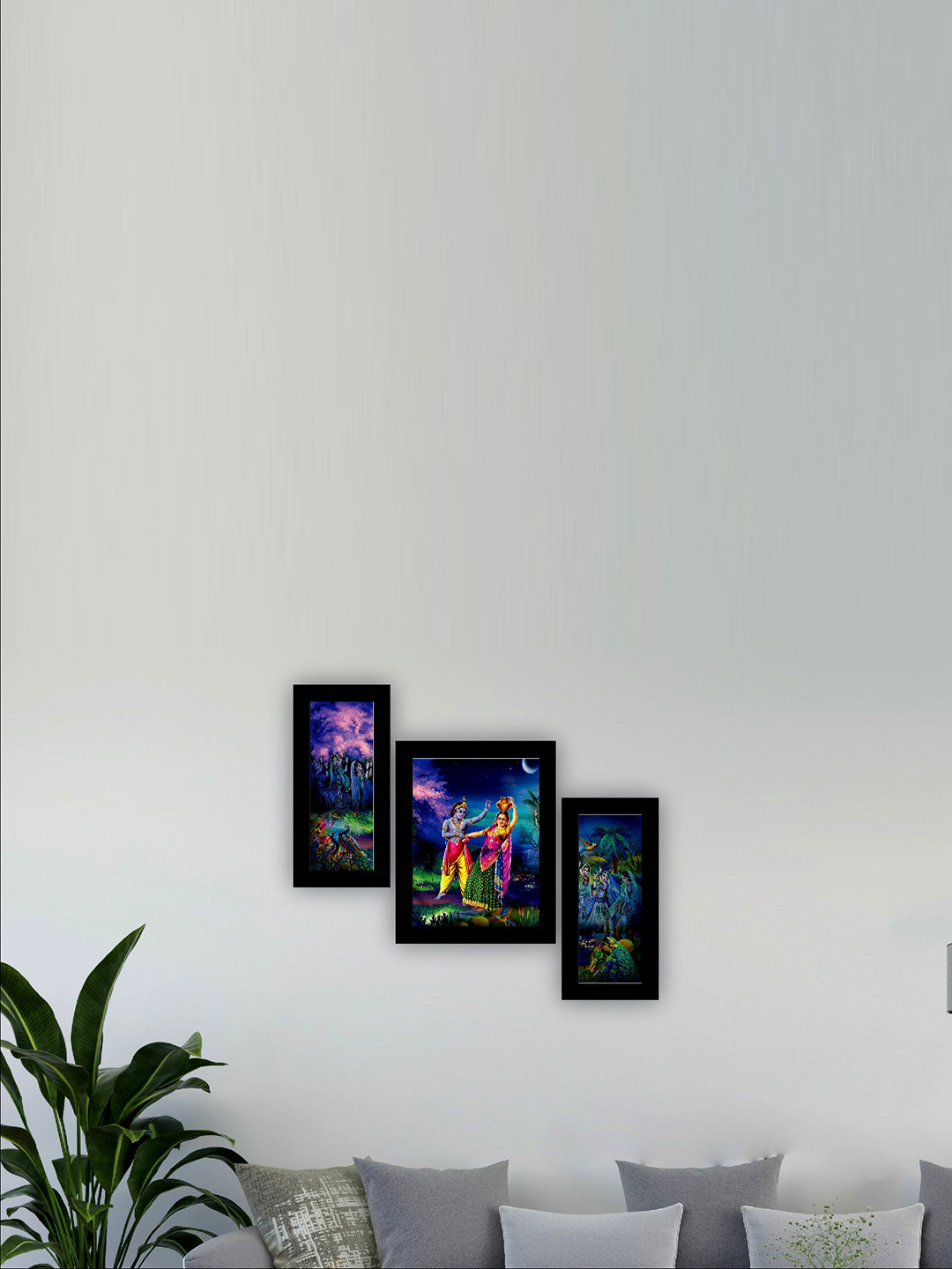 SAF Lord Radha Paper 3 Piece Wall Rectangle Paintings Wall Art 4.5 x 12In