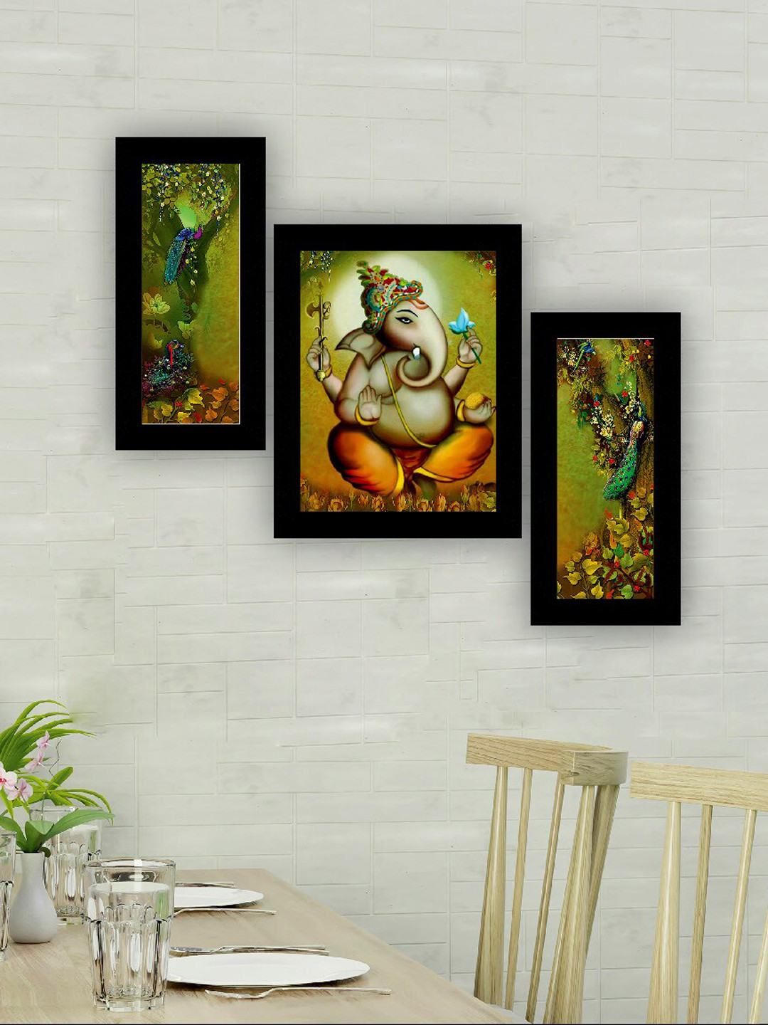 SAF Green & Blue 3 Pieces Lord Ganesha & Peacock Painting UV Coating Wall Arts