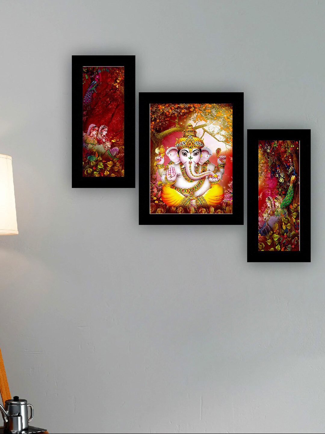 SAF Black & Pink 3 Pieces Lord Ganesha & Peacock Painting UV Coating Wall Arts