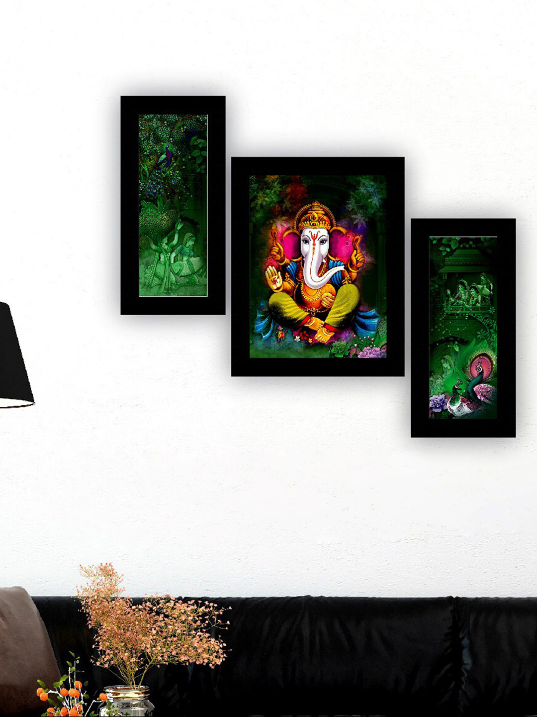 SAF Green & Black 3 Pieces Lord Ganesha And Peacock Painting UV Coating Wall Arts
