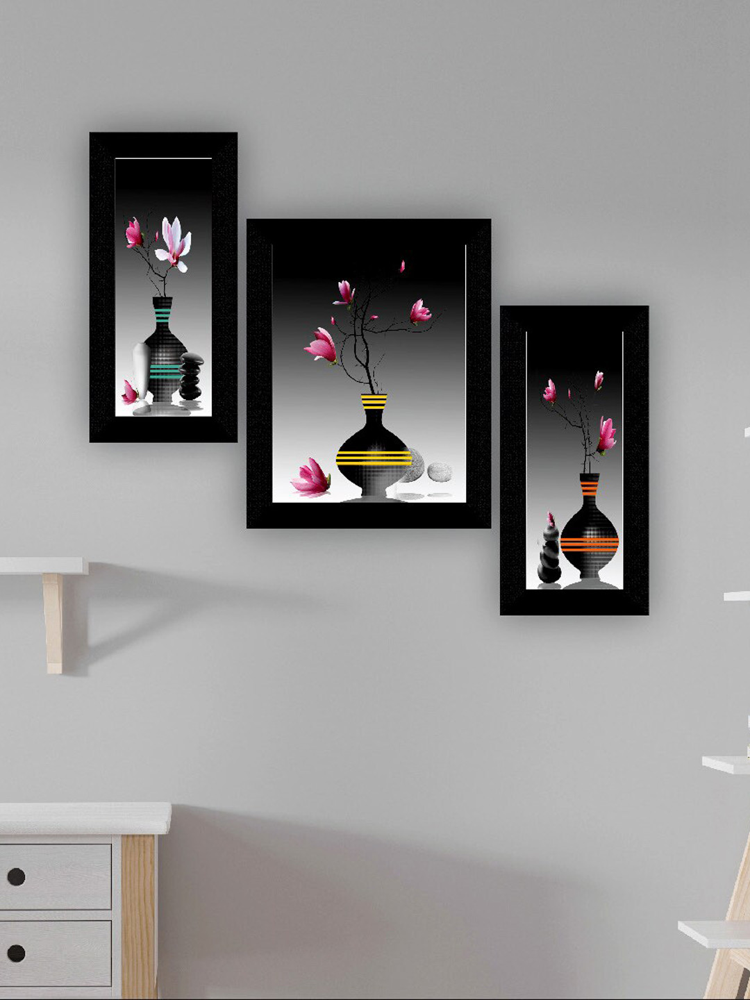 SAF Black & Grey 3 Pieces Flower Pot And Flower Painting UV Coating Wall Arts