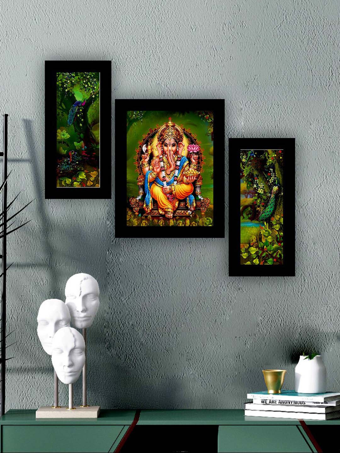SAF Ganesha & Peacock Paper 3 Pcs Wall Rectangle Paintings Wall Art -13.5x10.5In