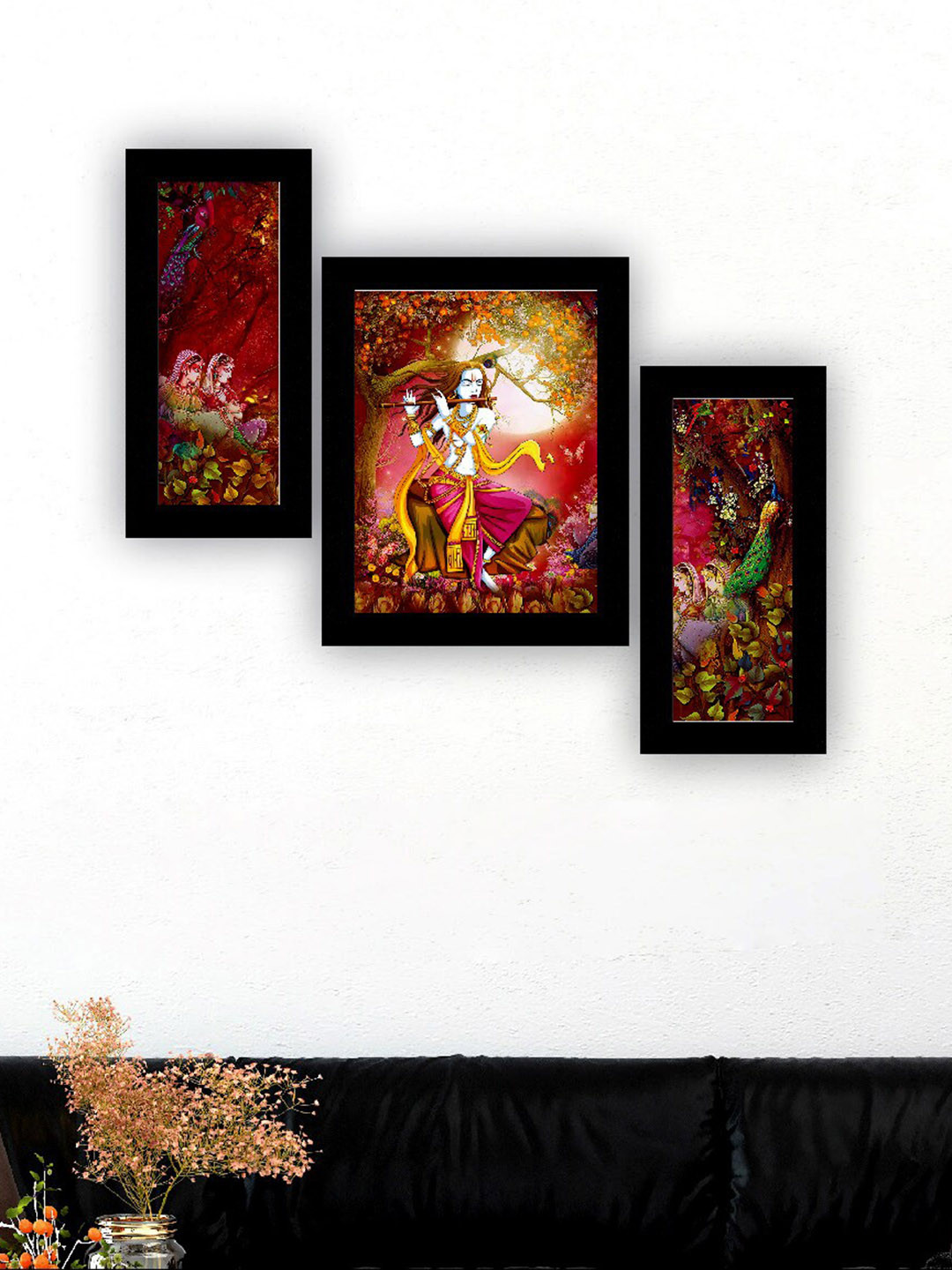 SAF Maroon & Green 3 Pieces Lord Krishna Painting UV Coating Wall Arts