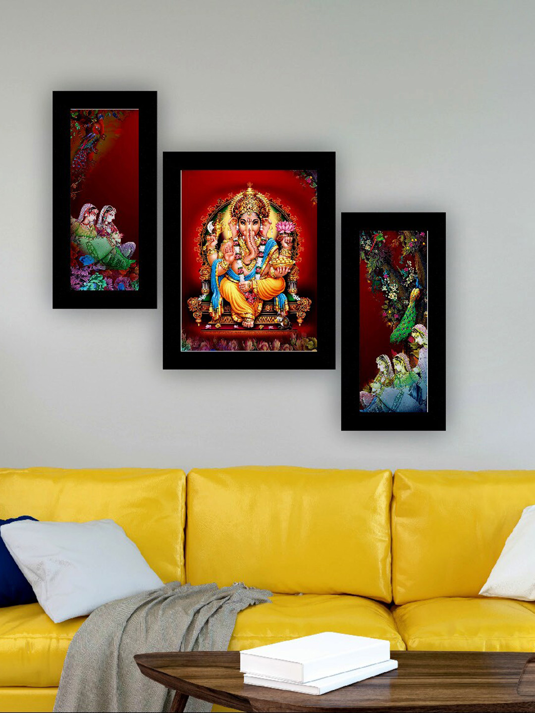 SAF Red & Yellow 3 Pieces Lord Ganesha And Peacock Painting UV Coating Wall Arts