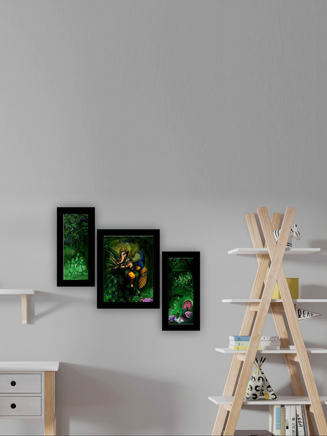 SAF Blue & Green 3 Pieces Lord Ganesha And Peacock Painting UV Coating Wall Arts