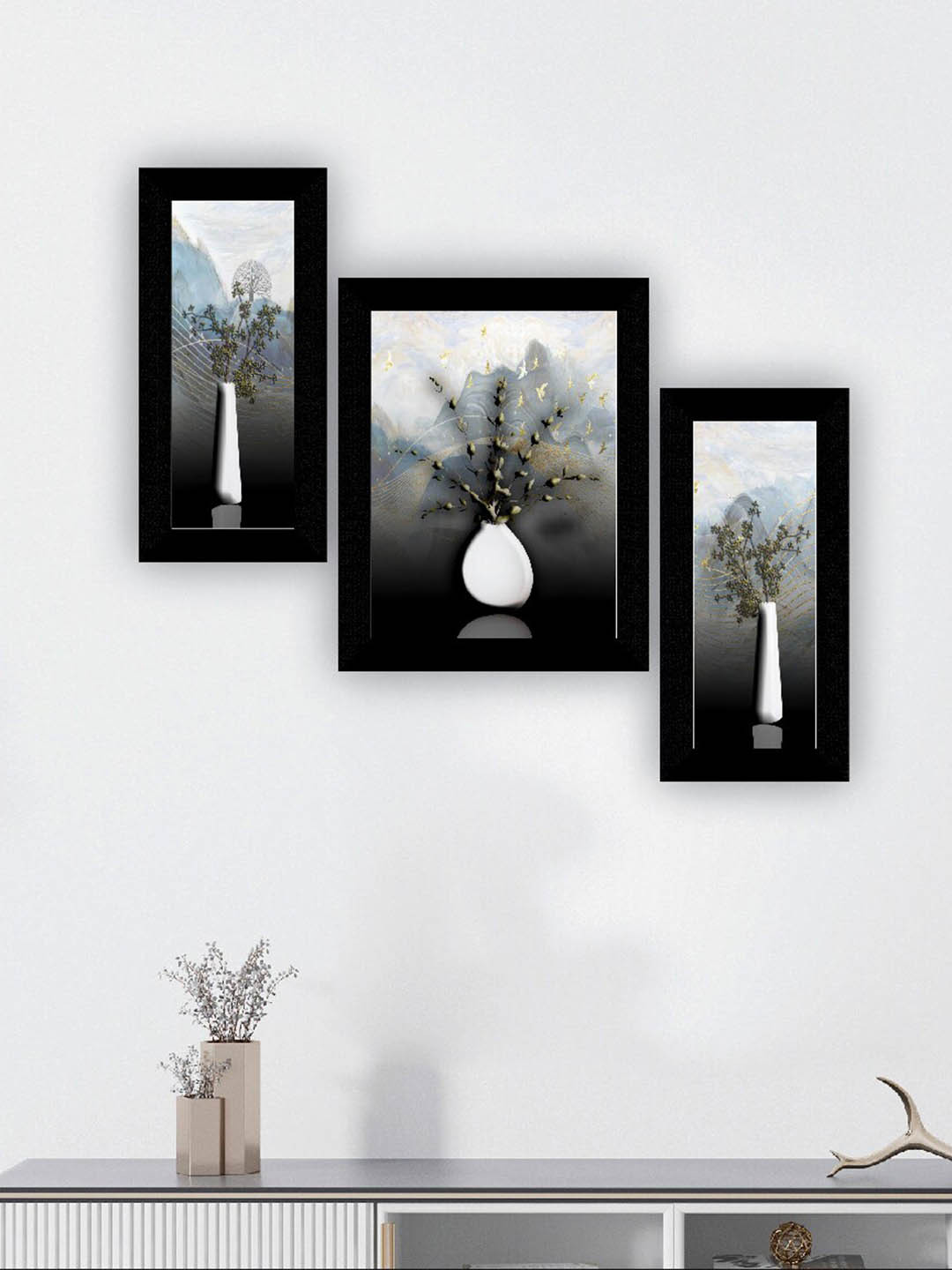 SAF Grey & Black 3 Pieces Flower Pot And Flower Painting UV Coating Wall Arts