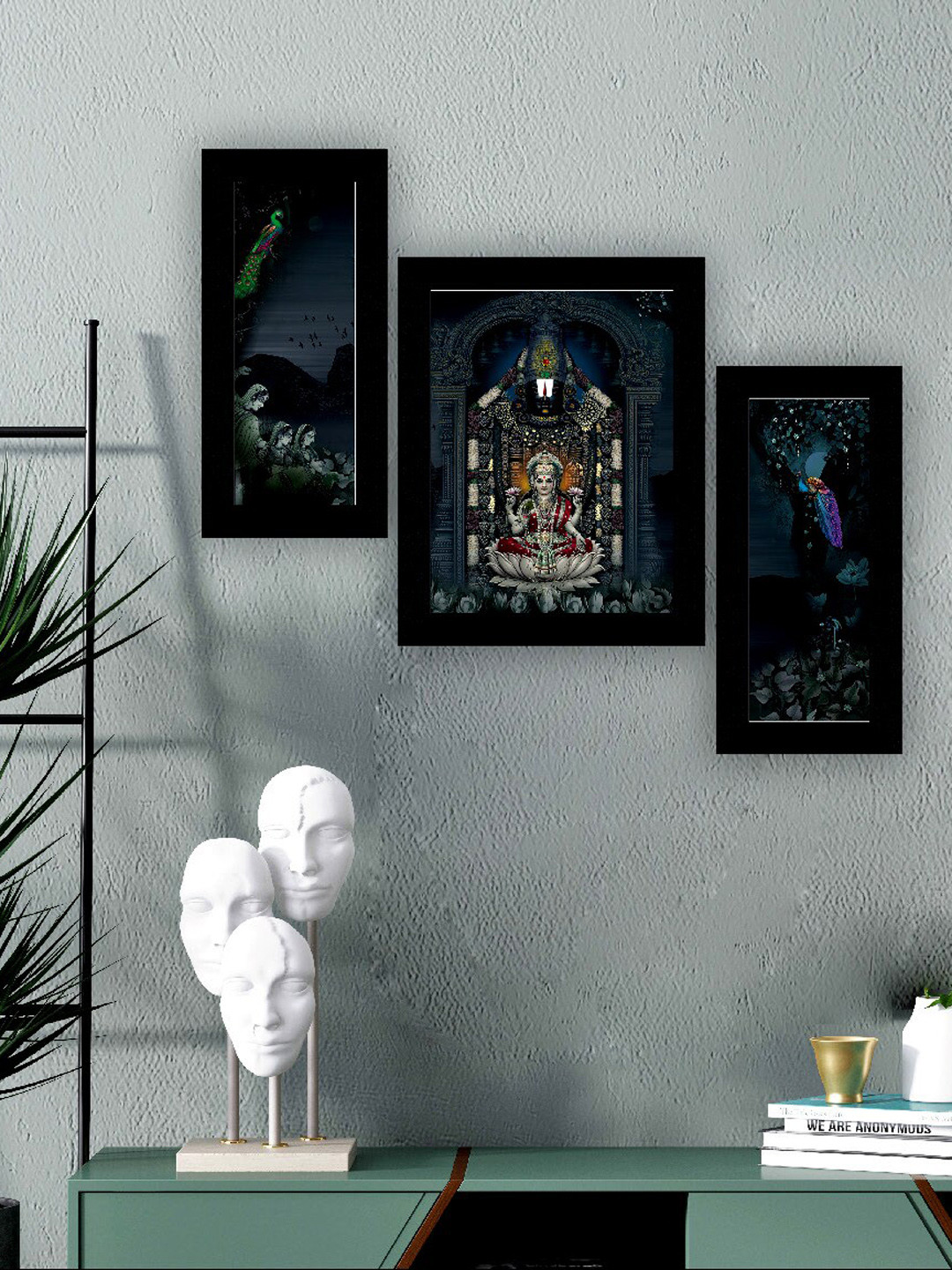 SAF Black & Grey 3 Pieces Maa Lakshmi Painting UV Coating Wall Arts