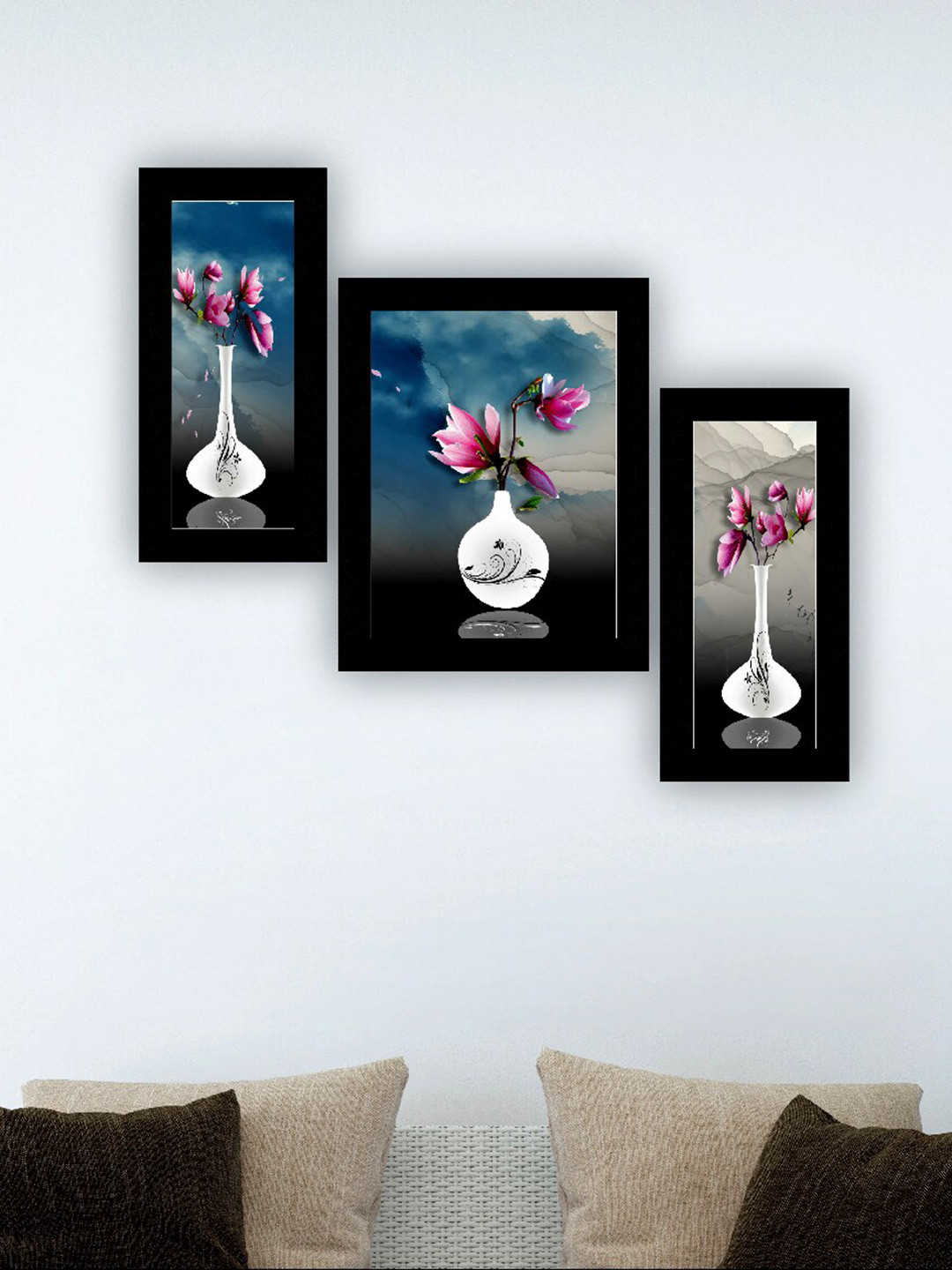 SAF Blue & White 3 Pieces Flower Pot And Flower Painting UV Coating Wall Arts