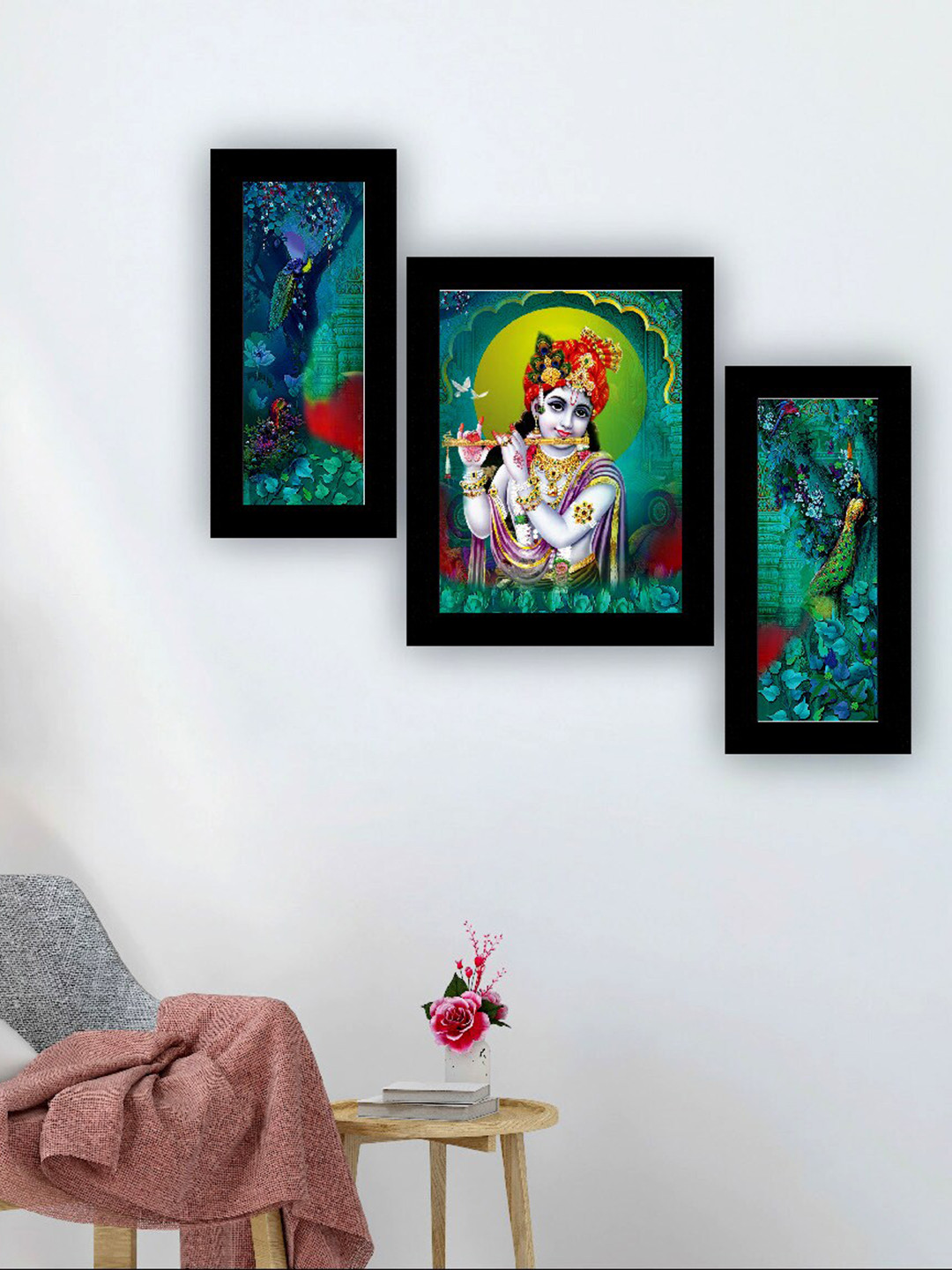SAF Lord Krishna Canvas 3 Pcs Wall Living Room Rectangle Paintings Wall Art -12 x 4.5In