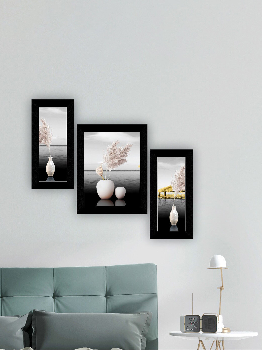 SAF White & Black 3 Pieces Flower Pot Painting UV Coating Wall Arts