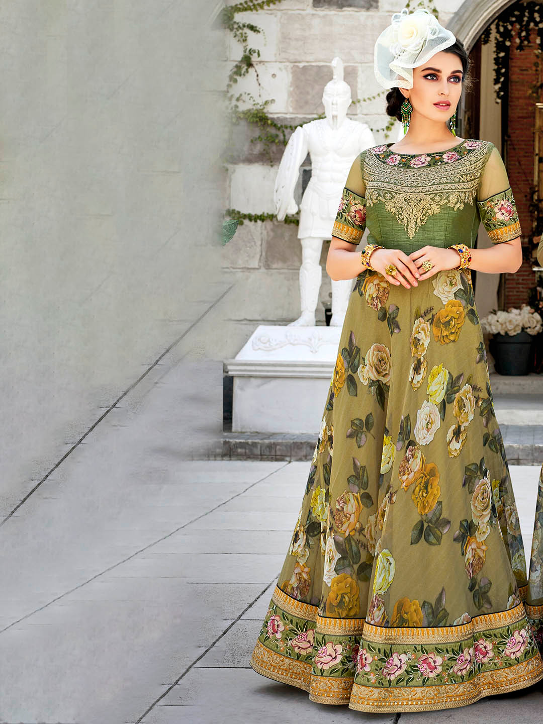 SAPTRANGI Floral Printed Silk Gown Maxi Ethnic Dress