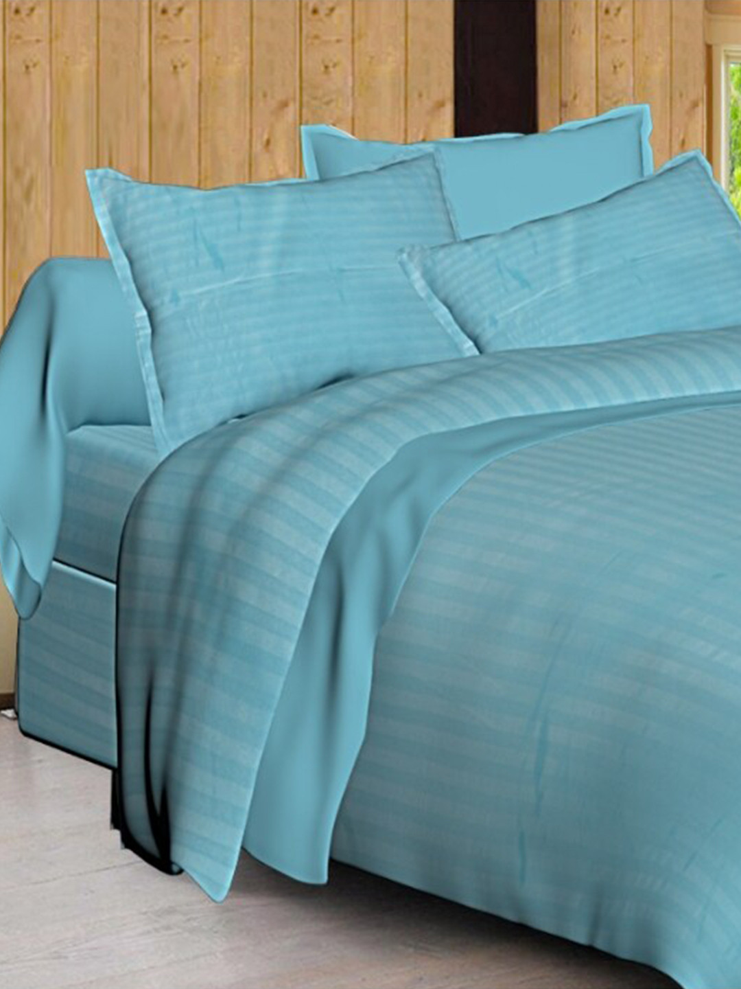 INDHOME LIFE Turquoise Blue Striped Cotton 240 TC Queen Fine Bedsheet with 2 Pillow Covers-108 x 108 inches