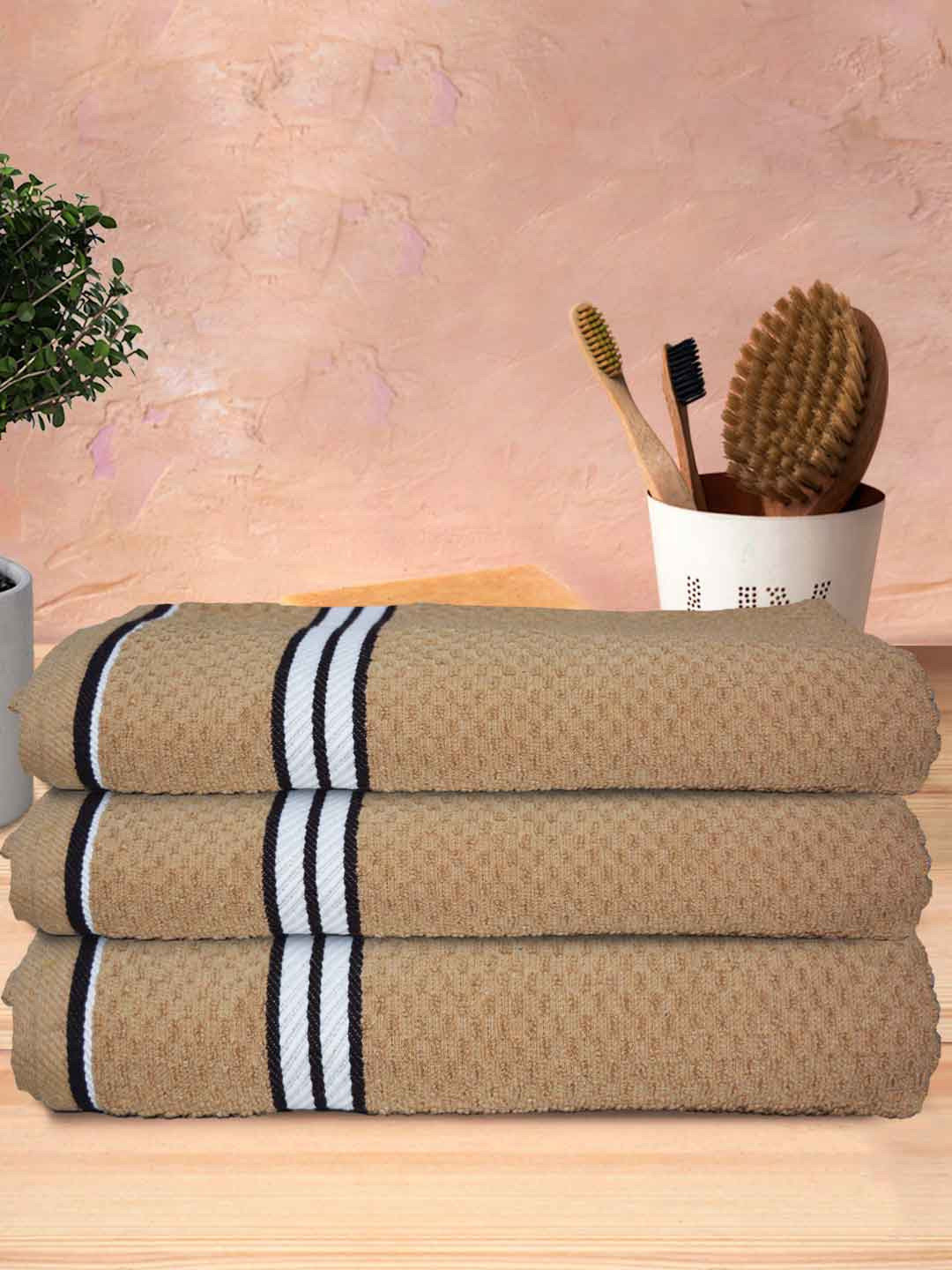 Athom Trendz Popcorn Beige & White 3 Pcs Textured Organic Cotton Super Soft Bath Towels
