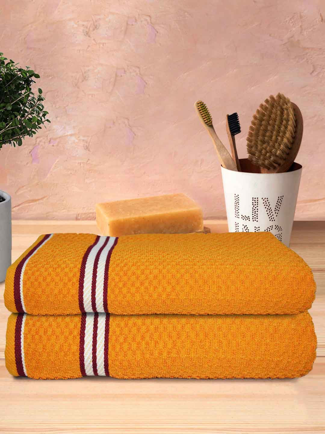 Athom Trendz Yellow & White 2 Pcs  Popcorn Textured Organic Cotton Super Soft Bath Towels