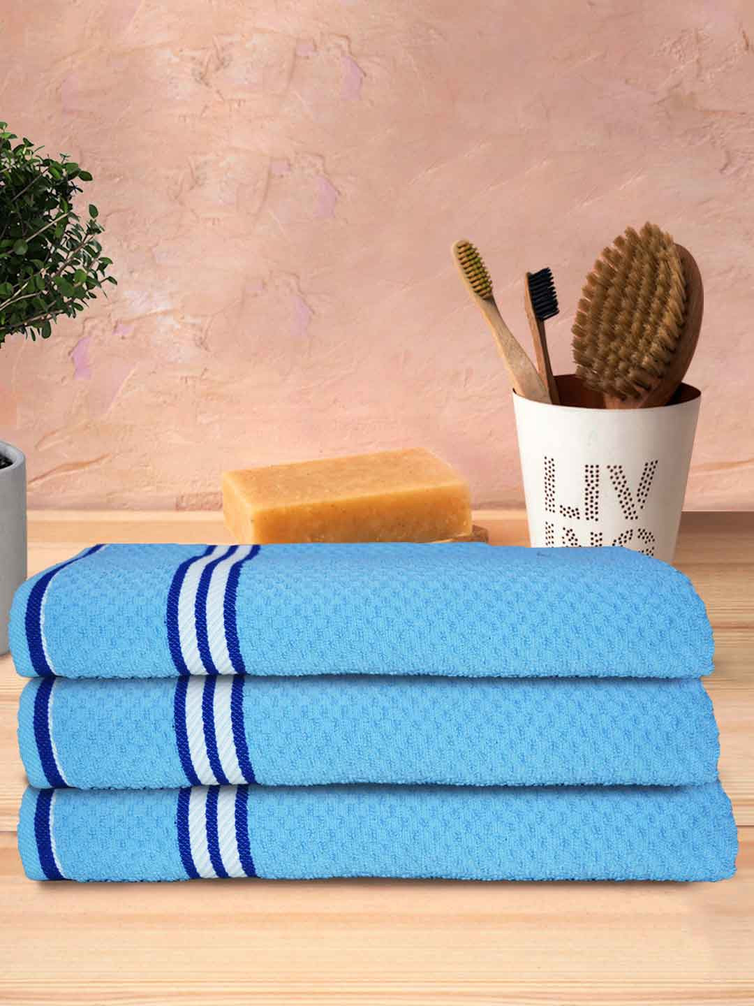 Athom Trendz Blue & White 3 Pieces Popcorn Textured Organic Cotton Super Soft Bath Towels
