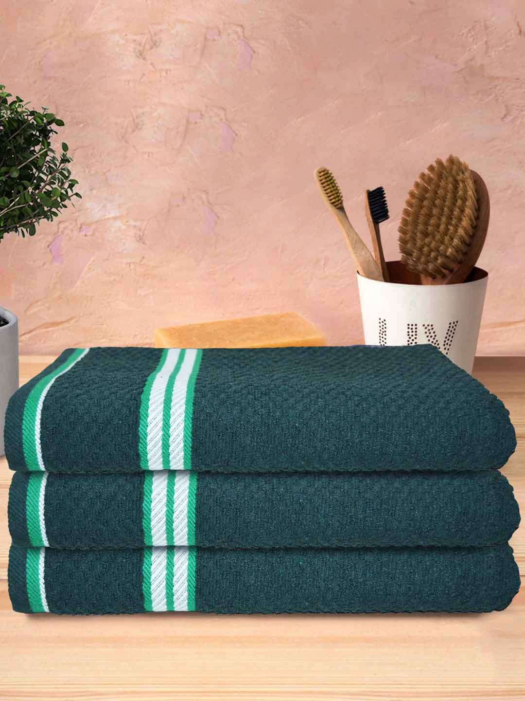 Athom Trendz Green & White 3-Pieces Textured Organic Cotton Super Soft Bath Towels
