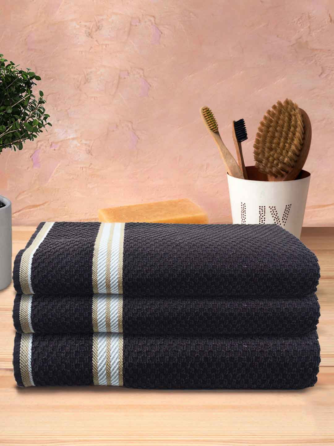 Athom Trendz Brown & White 3-Pieces Textured Organic Cotton Super Soft Bath Towels