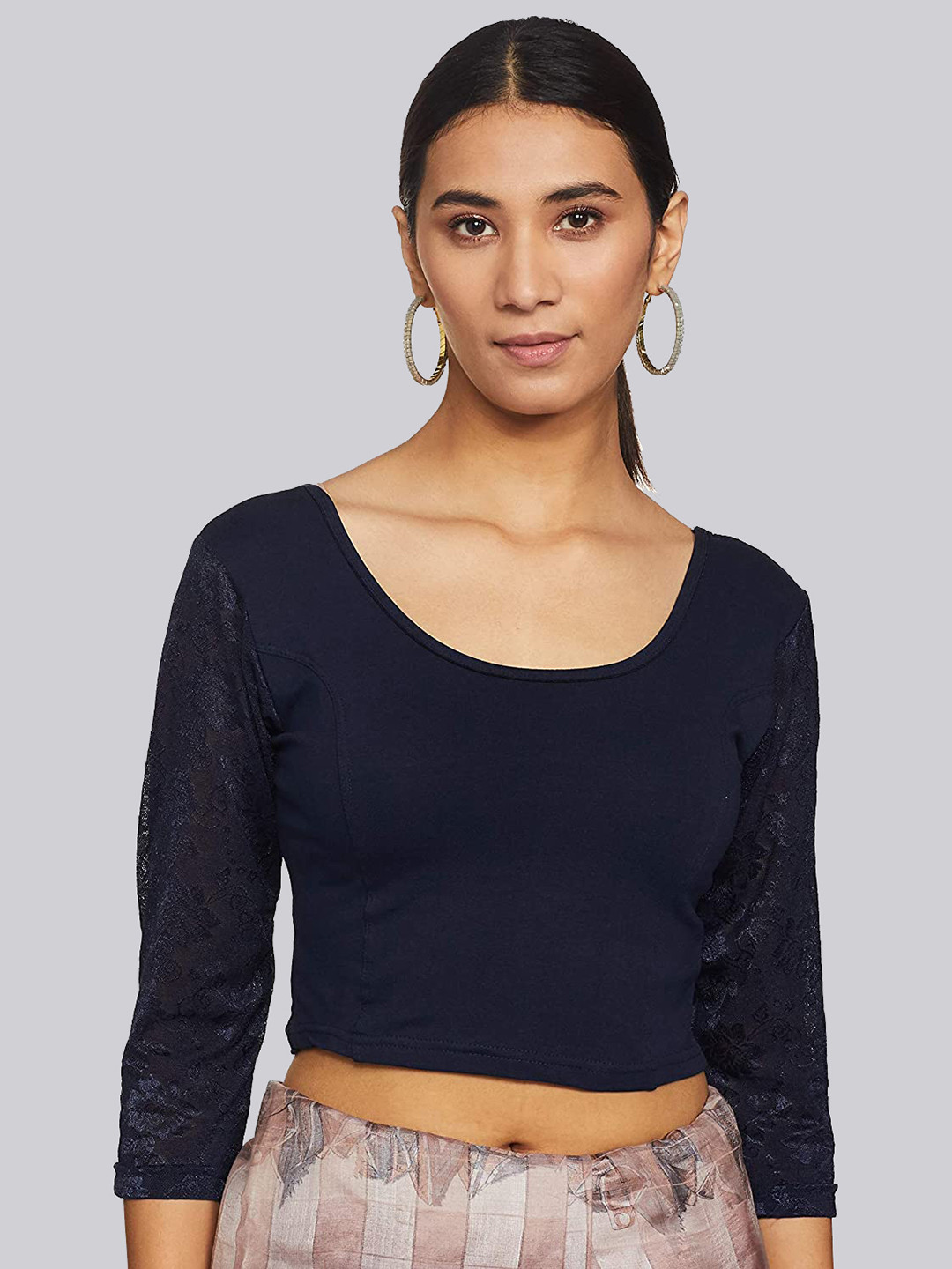 Fressia Fabrics Round Neck Self Design Sleeve Saree Blouse