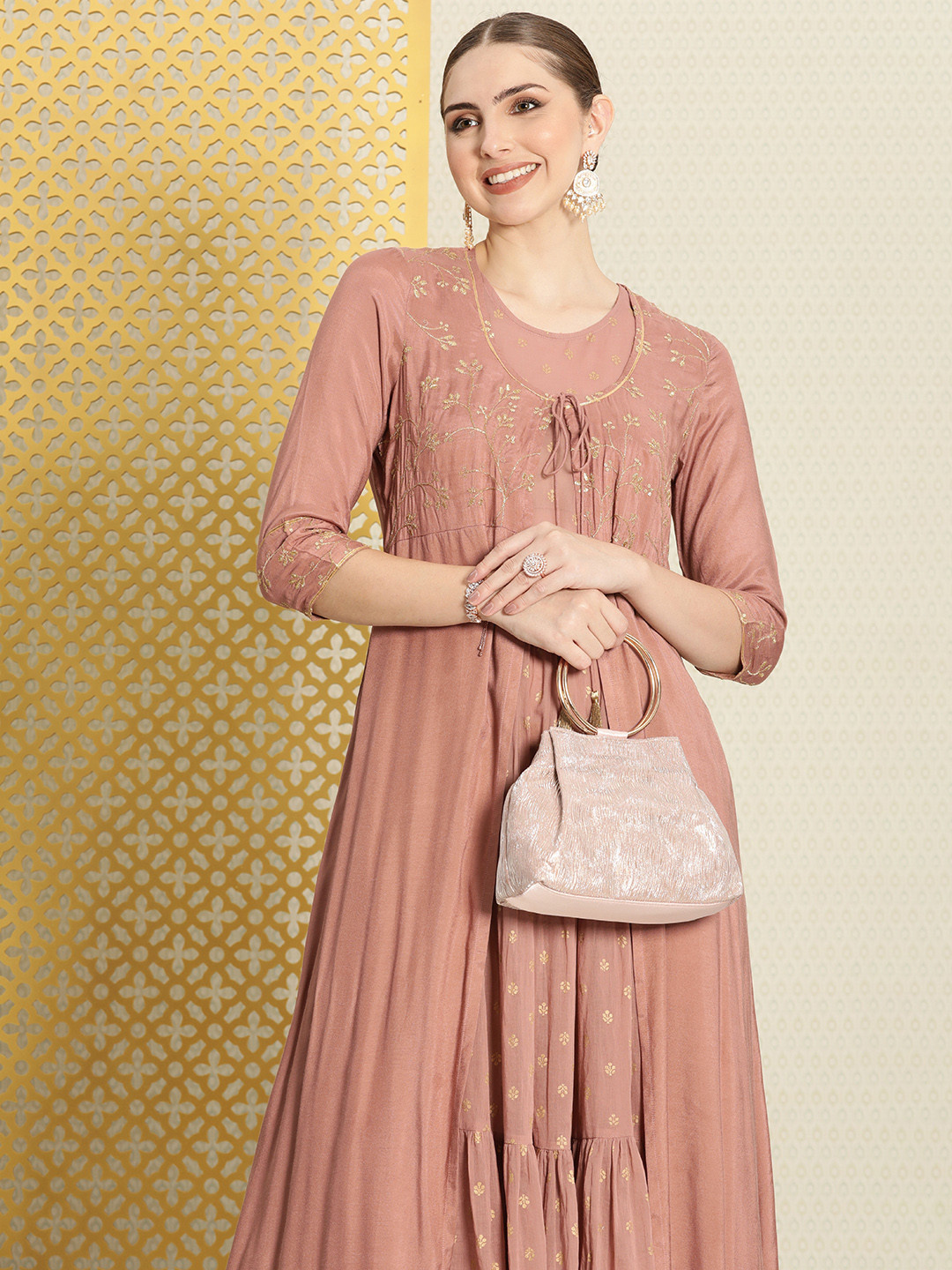 House of Pataudi Jashn Ethnic Motifs Printed Tiering Kurta With Sequined Zari Work Jacket