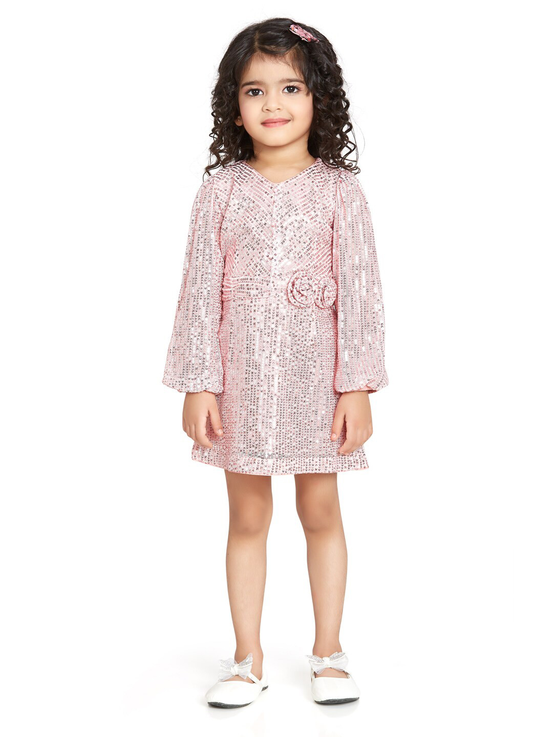 Peppermint Girls Sequined Embellished Puff Sleeve Net A-Line Dress With Bows