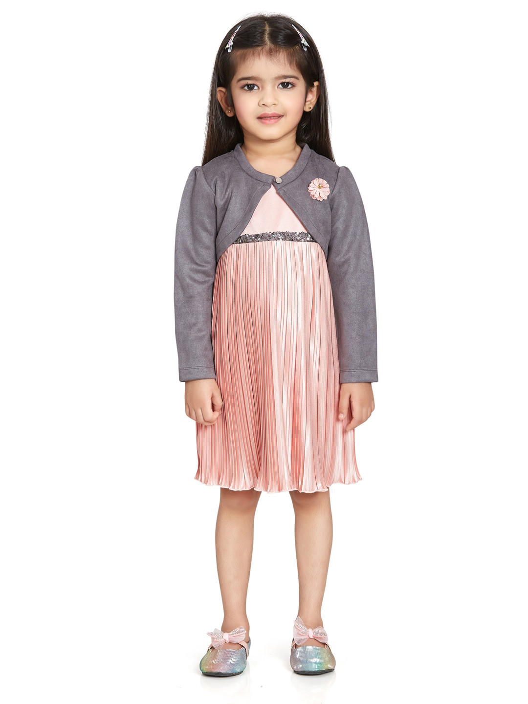 Peppermint Girls Accordion Pleats Satin A-Line Dress
