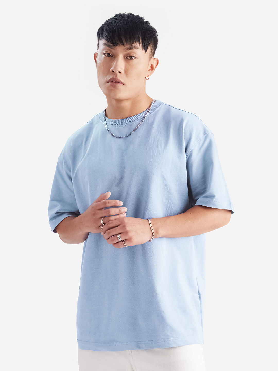 The Souled Store Blue Round Neck Drop Shoulder Sleeves Oversized Pure Cotton T-shirt