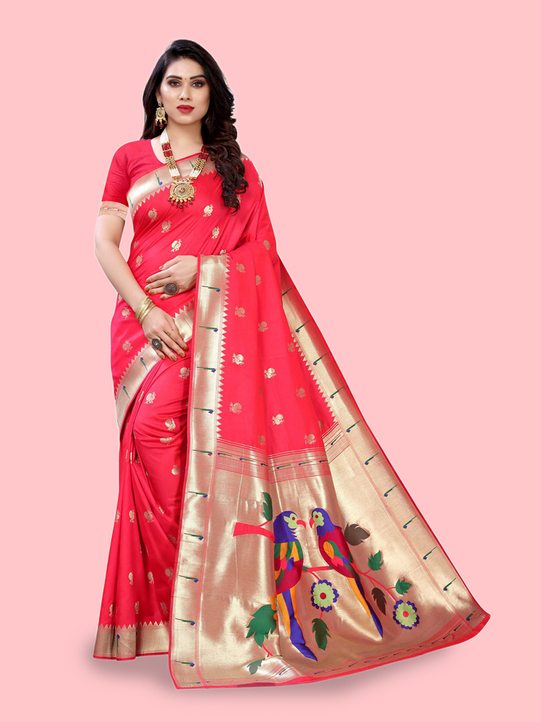 Mitera Peach & Gold Ethnic Motif Zari Silk Blend Paithani Saree