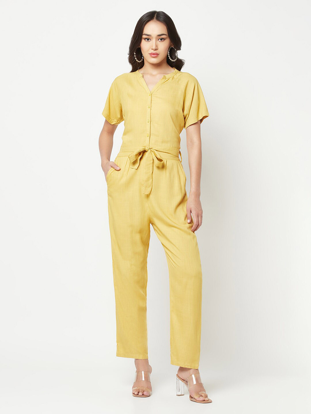 Crimsoune Club Mandain Collar Waist Tie-Up Basic Jumpsuit