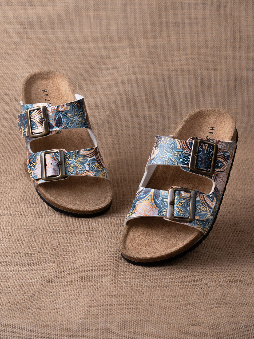 HF JOURNEY Women Floral Printed Width Buckle Comfort Cork Open Toe Flats
