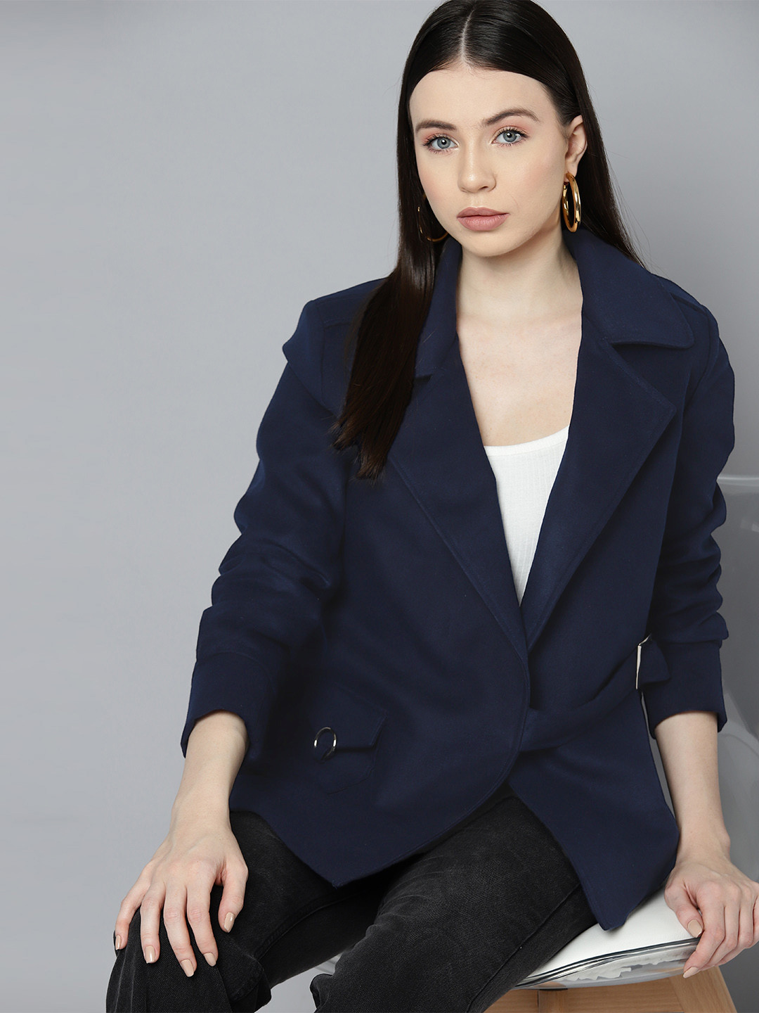 Chemistry Women Solid Open Front Belted Blazer