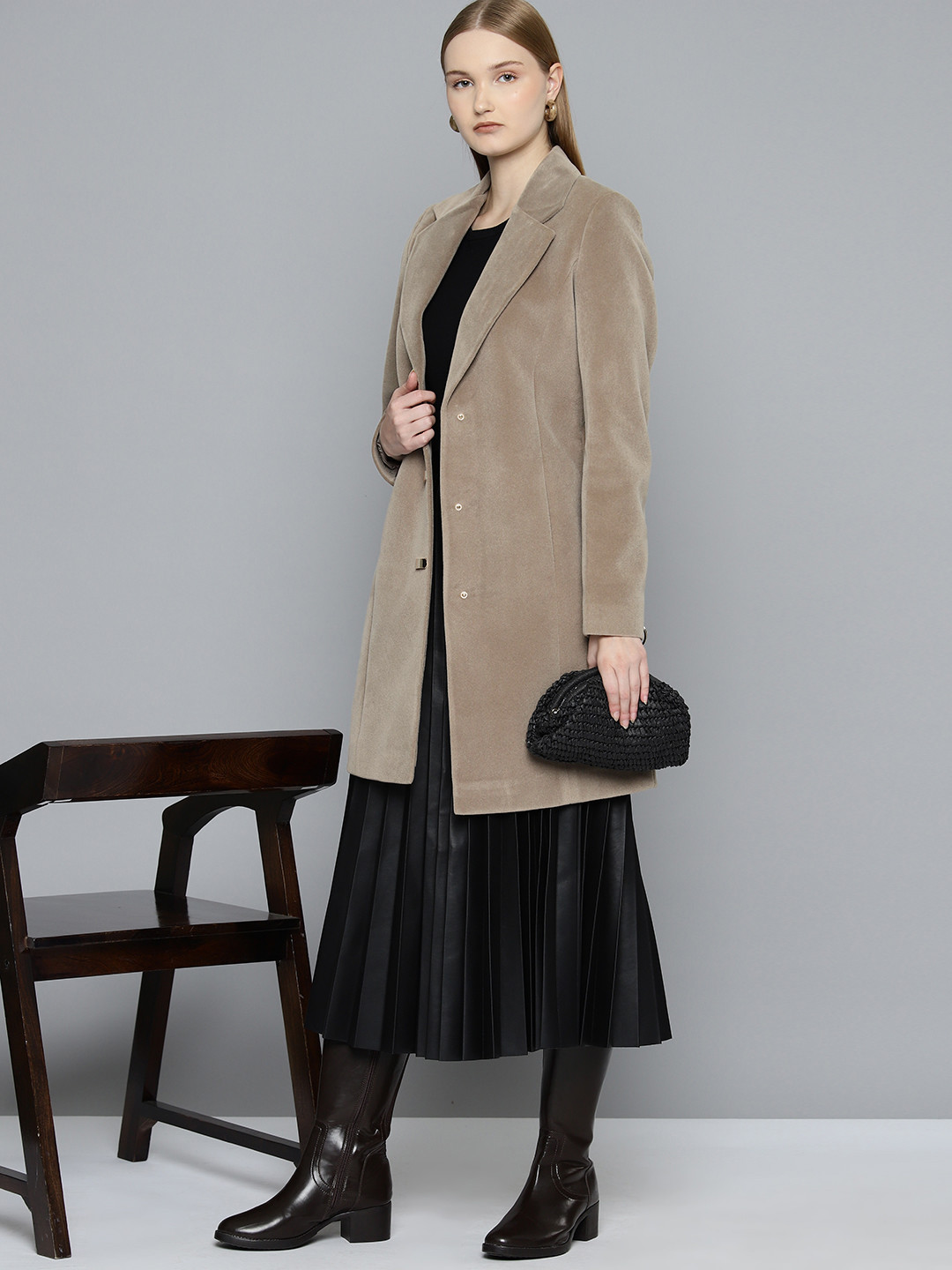 Chemistry Women Suede Notched Lapel Overcoat