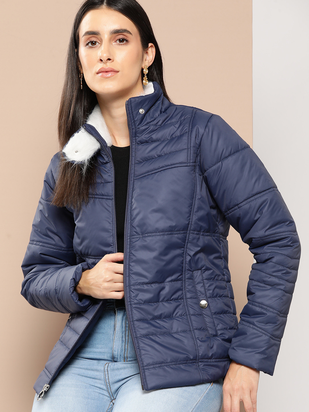 Chemistry Solid Faux Fur Detailed Padded Jacket