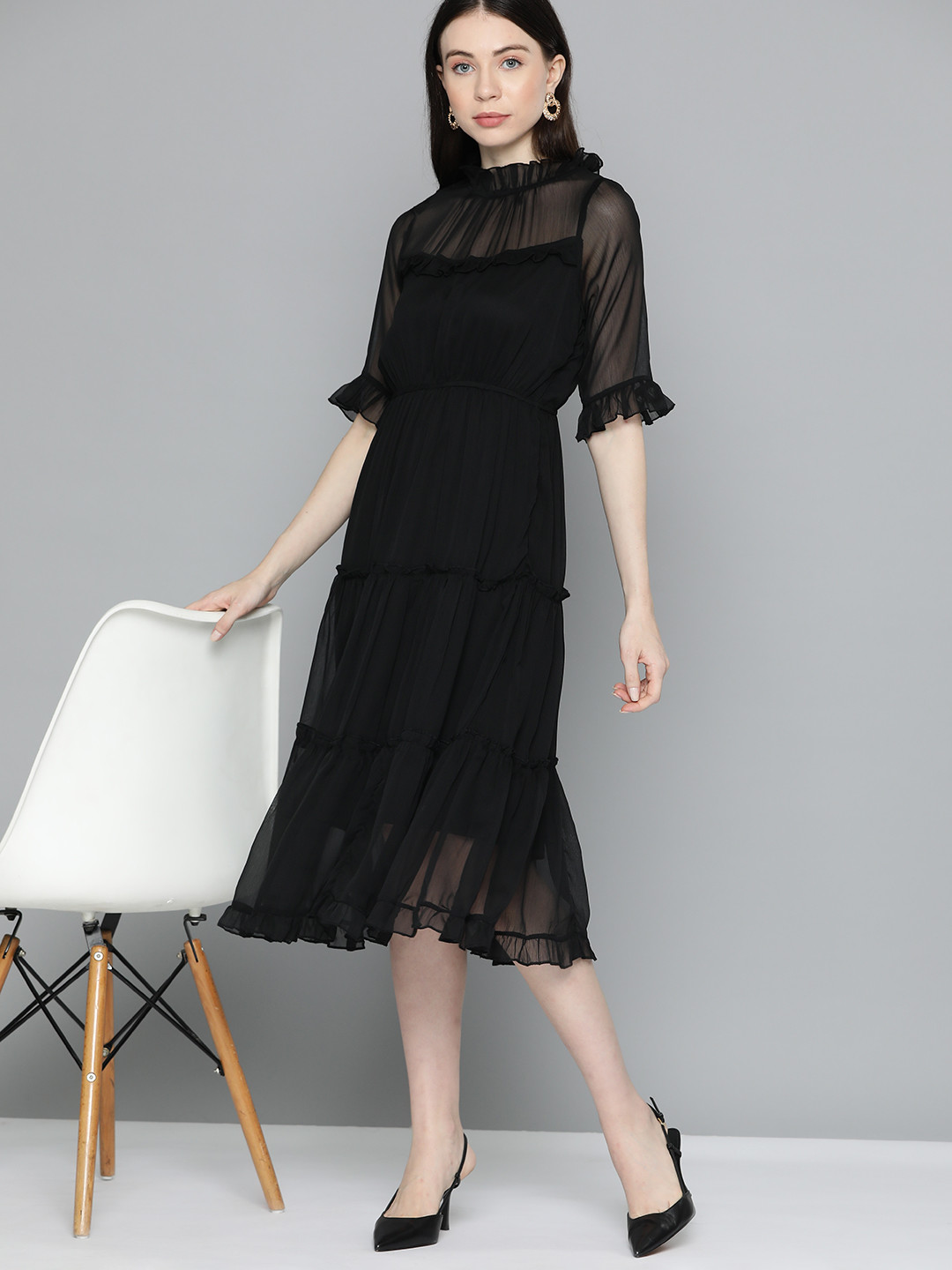 Chemistry Bell Sleeves Chiffon Fit & Flare Midi Dress