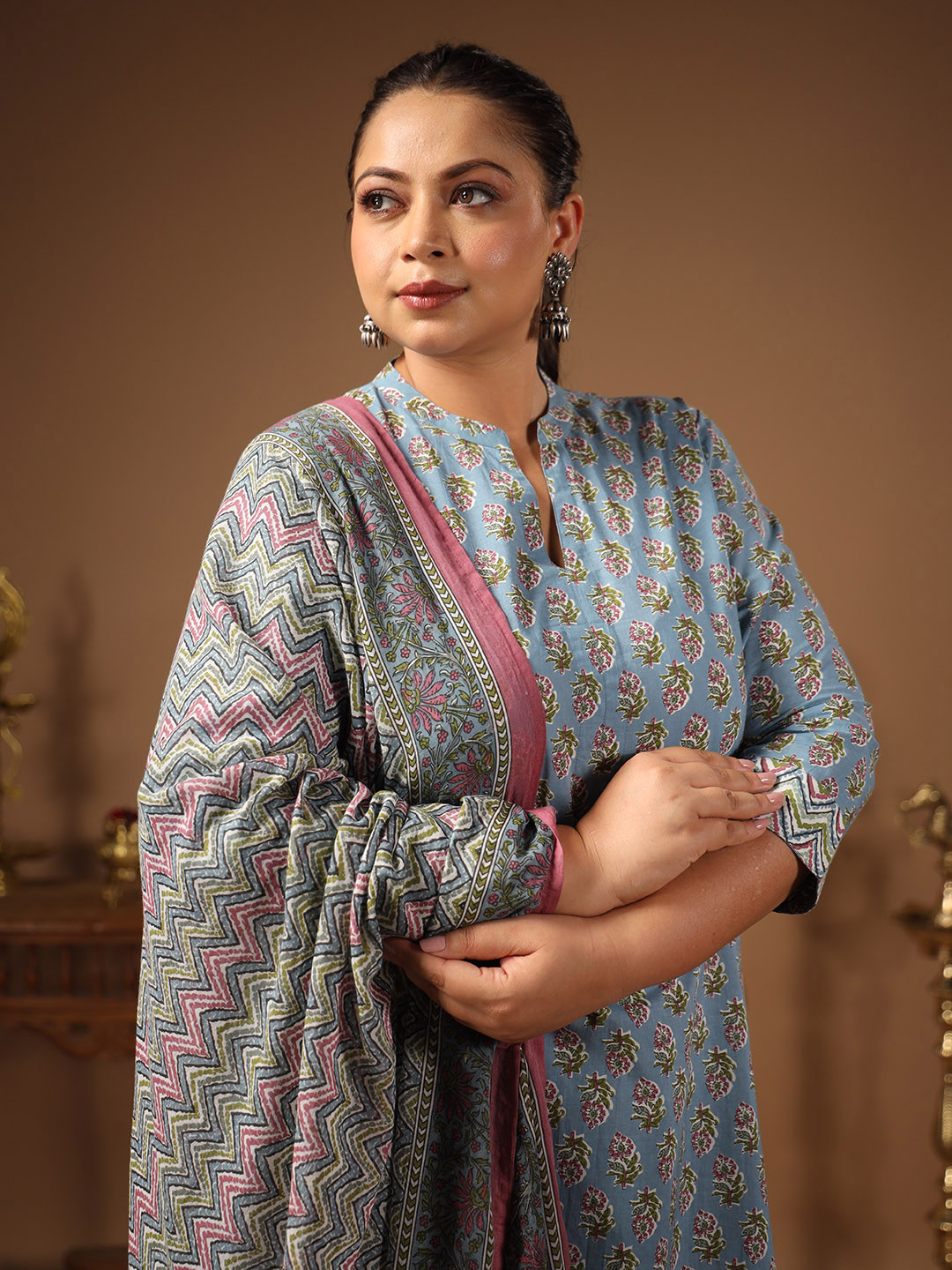 anayna Floral Printed Pure Cotton Kurta With Trousers & Dupatta