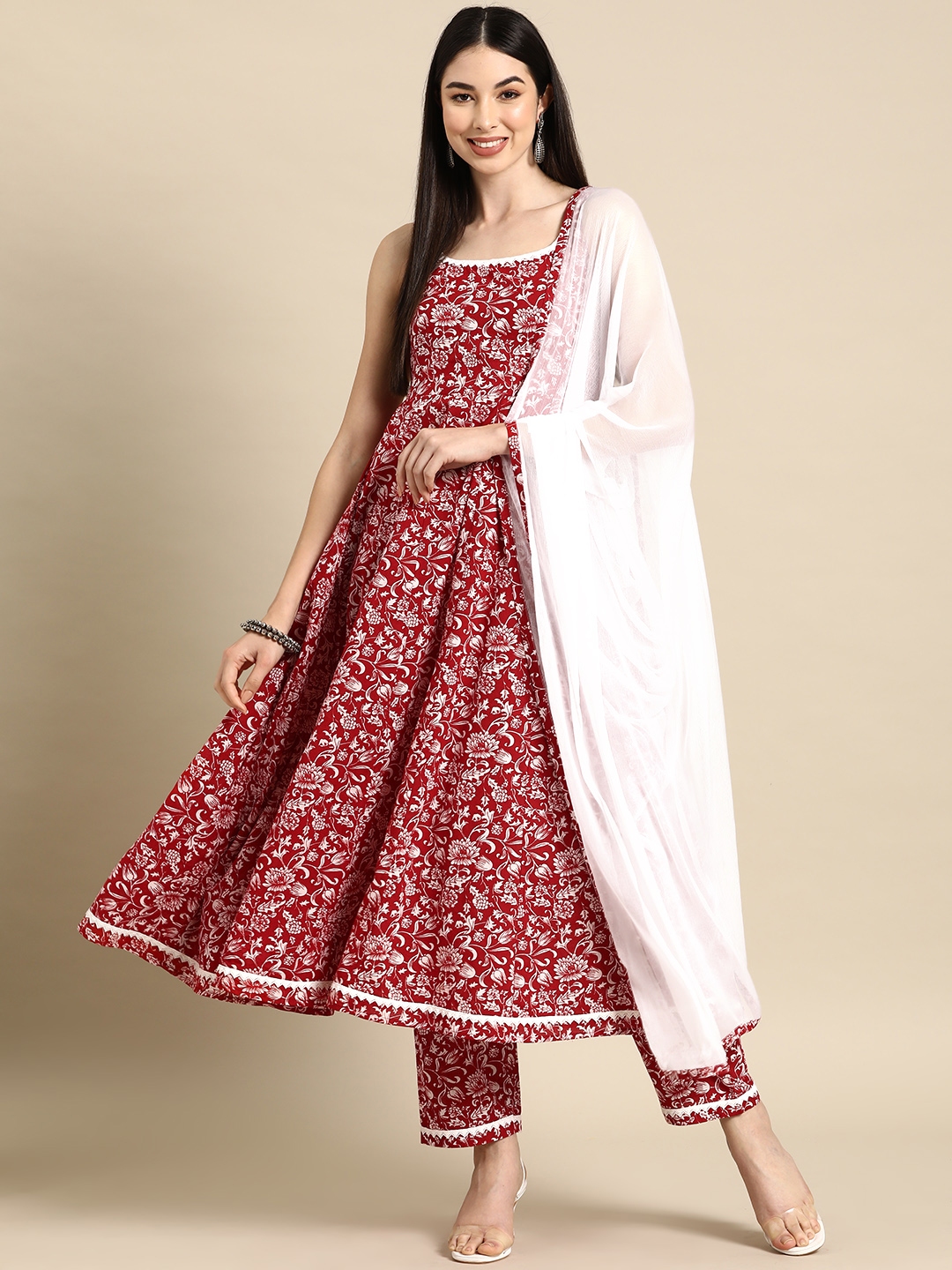 Anayna Floral Printed Empire Pure Cotton Kurta With Trousers & Dupatta - Kurta Sets for Women 23158852 | Myntra
