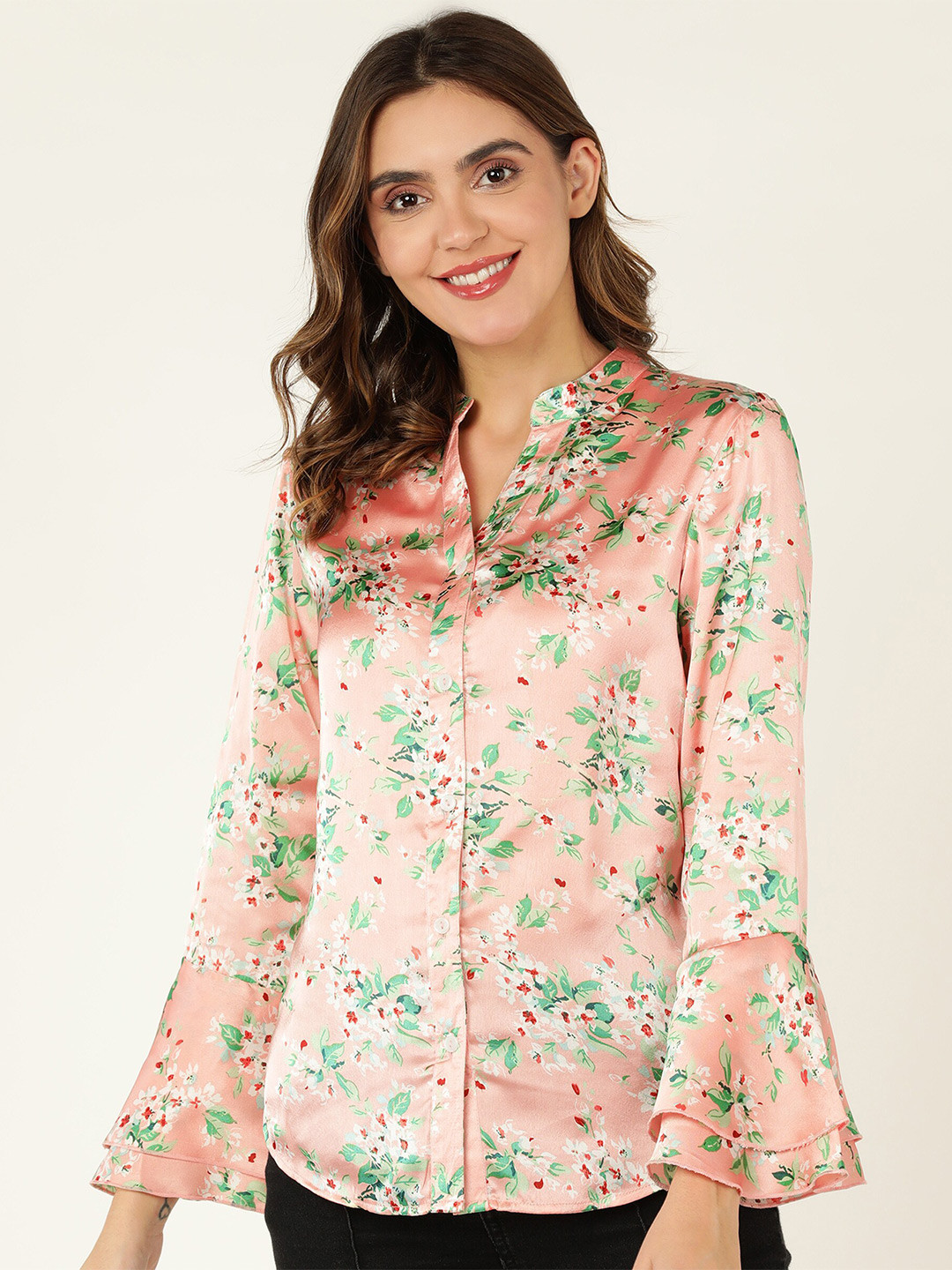 DODO & MOA Pink & Green Floral Printed Mandarin Collar Bell Sleeves Shirt Style Top