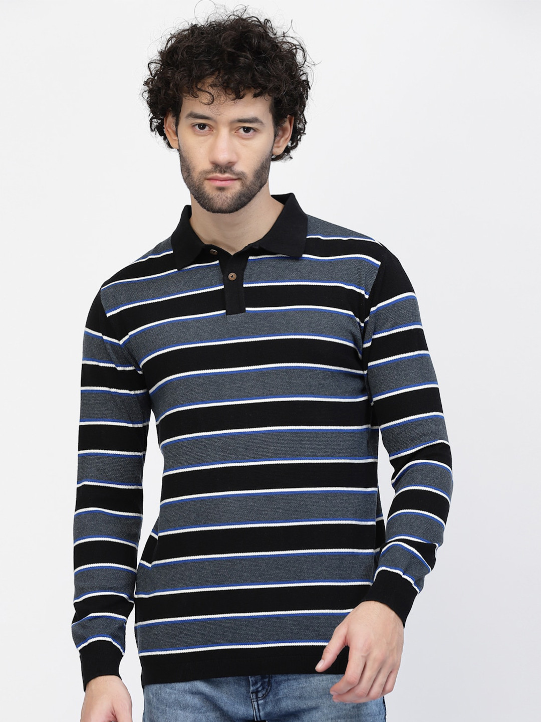 Kalt Long Sleeves Striped Polo Collar T-shirt