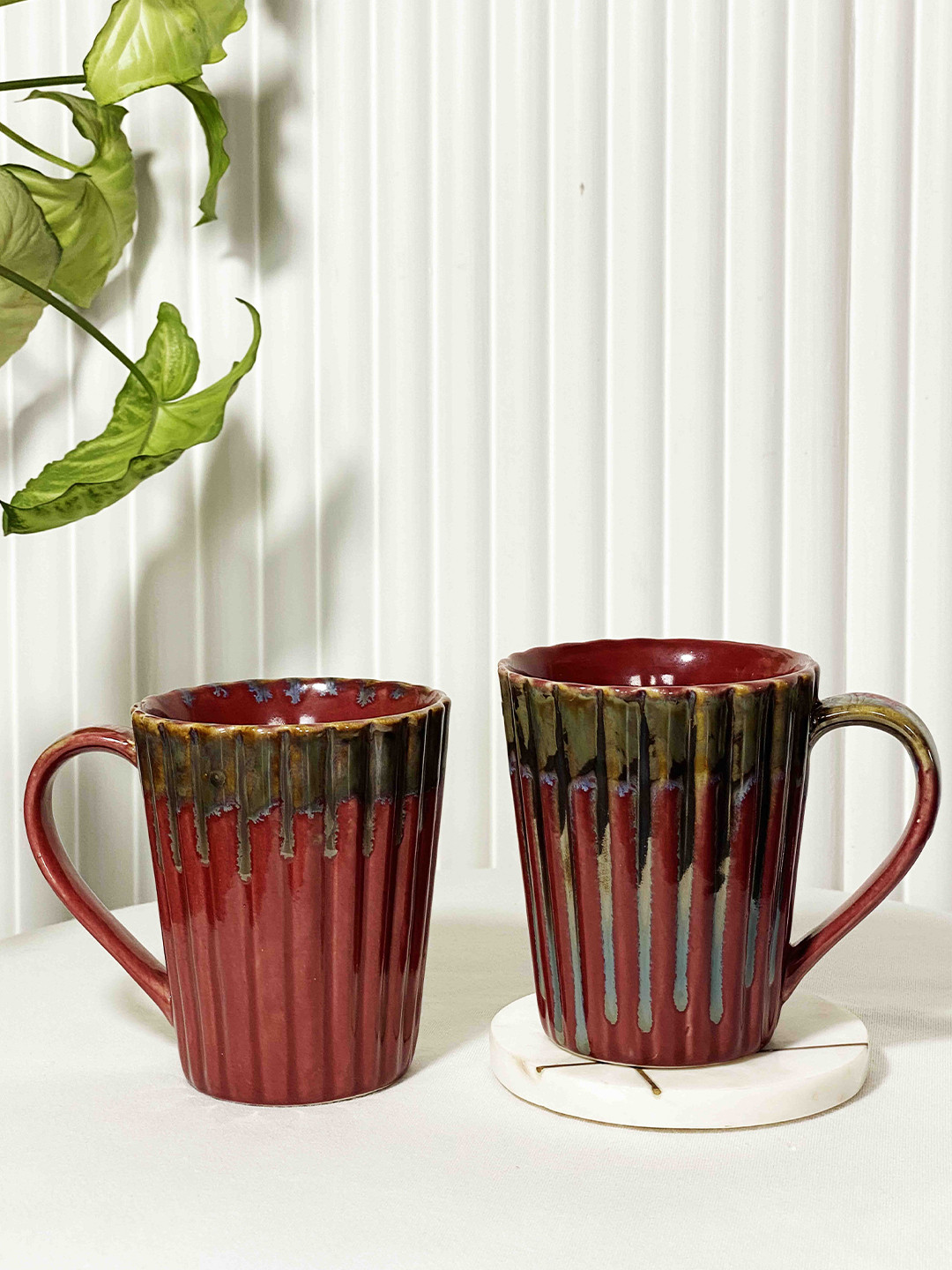 Folkstorys Rakshabandhan Gift Red Striped Ceramic Microwave Safe 2 Piece Mugs-400ml