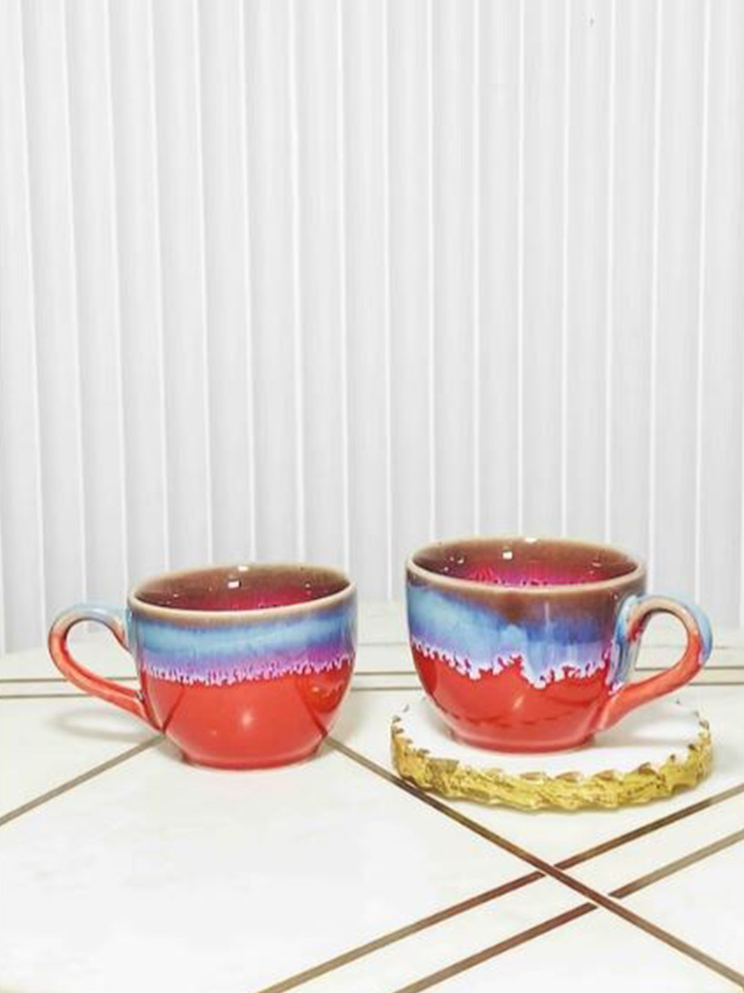 Folkstorys Rakhis & Roli Chawal Gift Red Abstract Ceramic Handmade 4 Piece Cups-300ml