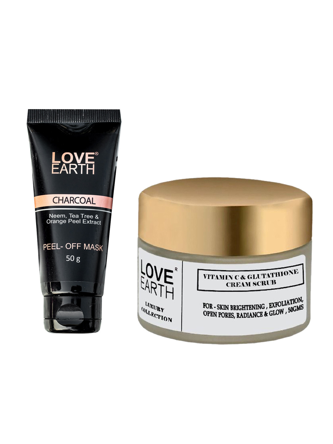 LOVE EARTH Set of Charcoal Peel Off Mask 50 g + Vitamin C & Glutathione Cream Scrub 50g