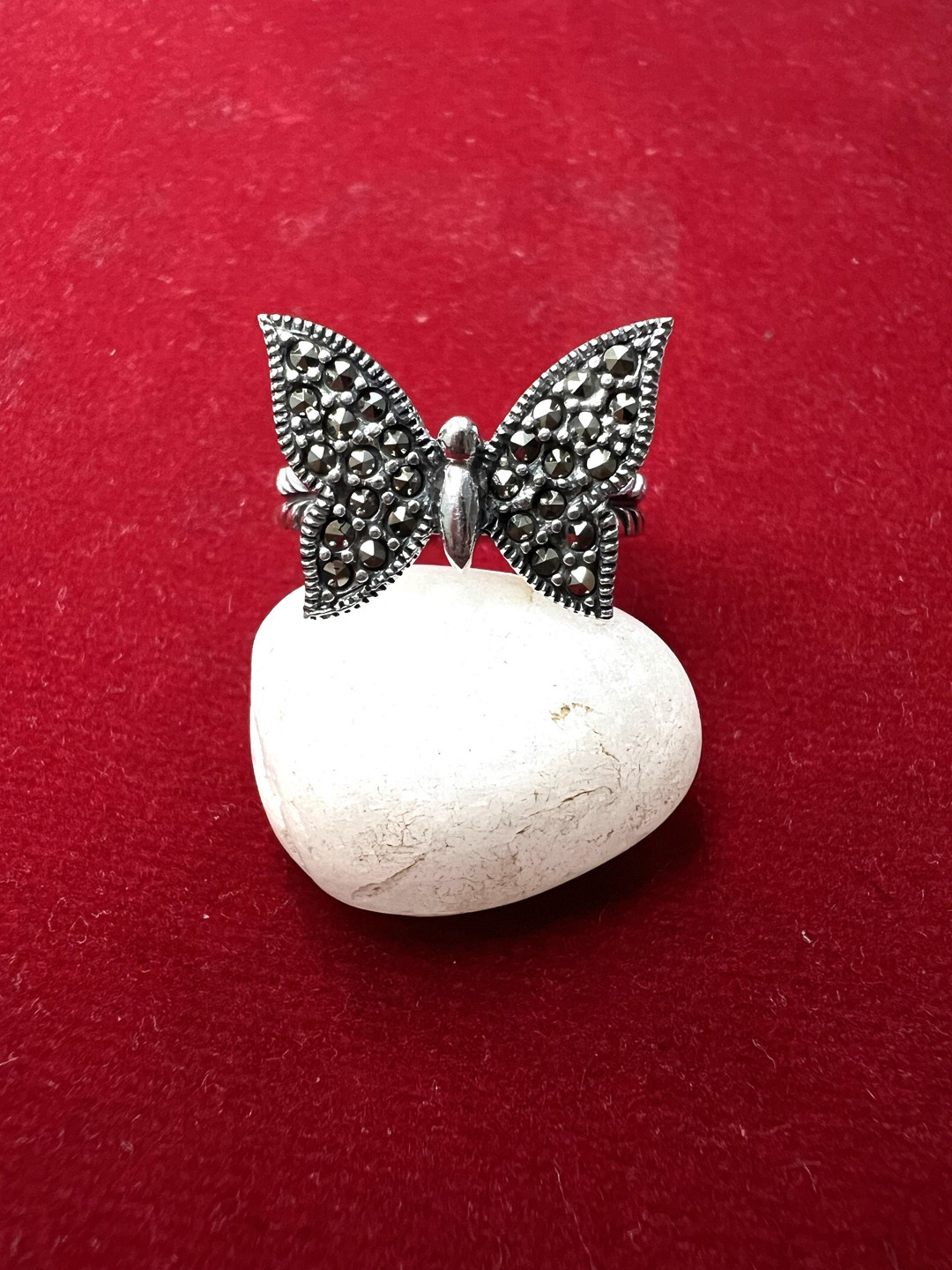 Arte Jewels 925 Oxidised Silver Marcasite Stone Studded Butterfly Shape Finger Ring