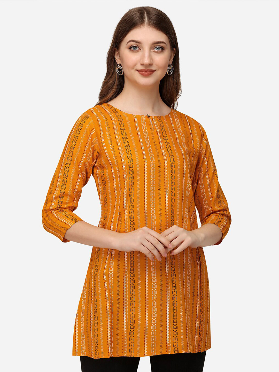 HERE&NOW Yellow & White Ethnic Motifs Printed Straight Short Kurti